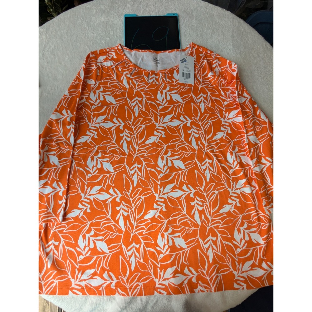 Kim Rogers Top Womens XXL Orange New Floral Palm Cutout Neck Long Sleeve T-Shirt